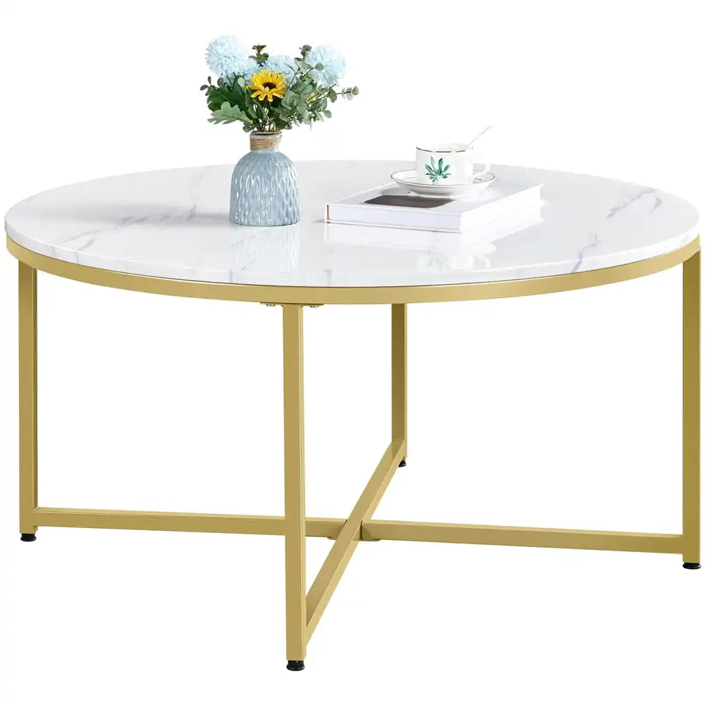 Modern Round Faux Marble Coffee Table, Gold Accent Side End Table for Living Room Furniture