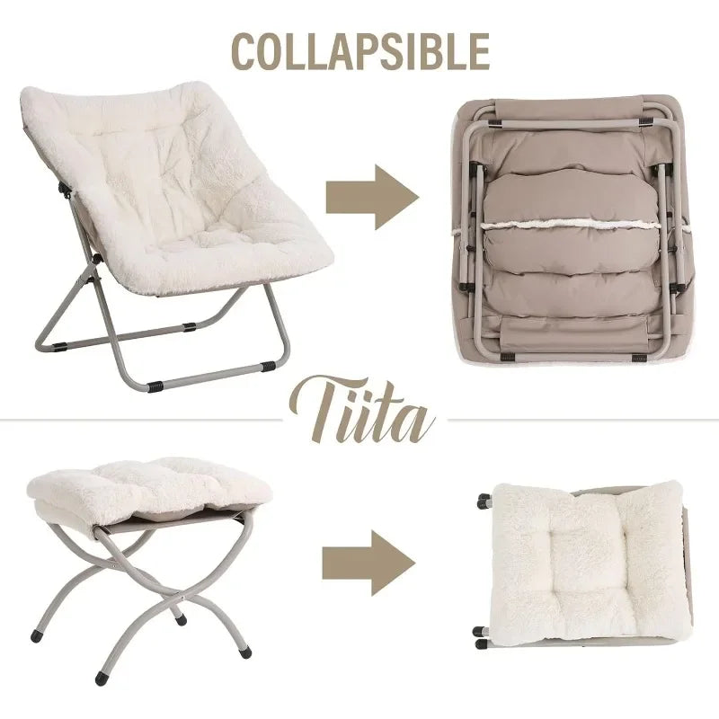 Tiita Saucer Chair with Ottoman Soft Faux Fur Oversized Folding Accent Chair Lounge Lazy Chair Living Room Dorm Rooms
