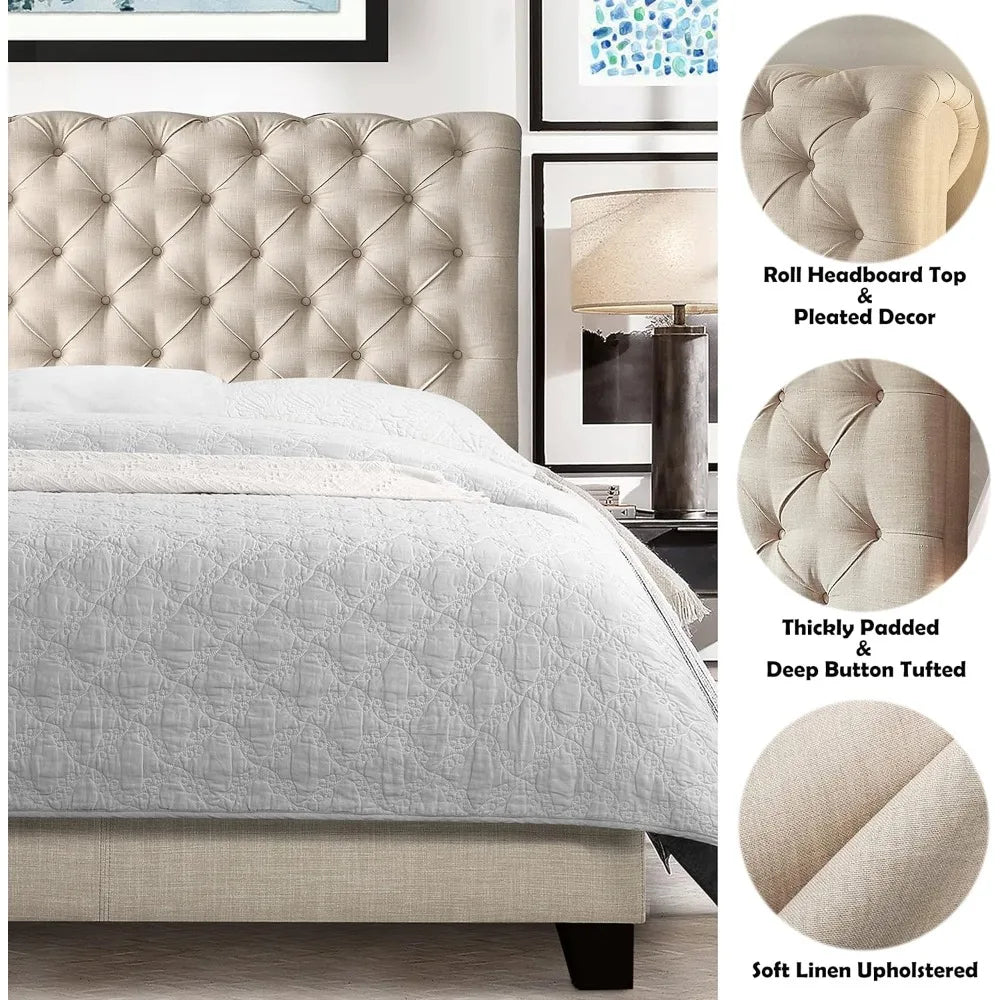 Bed Frame/Fabric Upholstered Bed Frame With Adjustable Headboard/Chesterfield-Styled/Wood Slat Support/Easy Assembly Beige queen