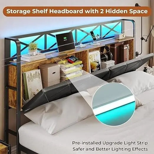 King Bed Frame with Hidden Storage Headboard Outlet 2Drawers&Led Metal Platform,Double beds for adults and teenagers, single bed