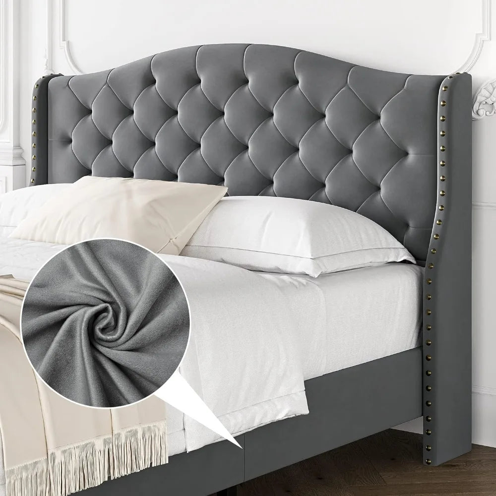 Bed frame, with tufted wing back headboard and footboard, padded table bed, velvet king size bed frame