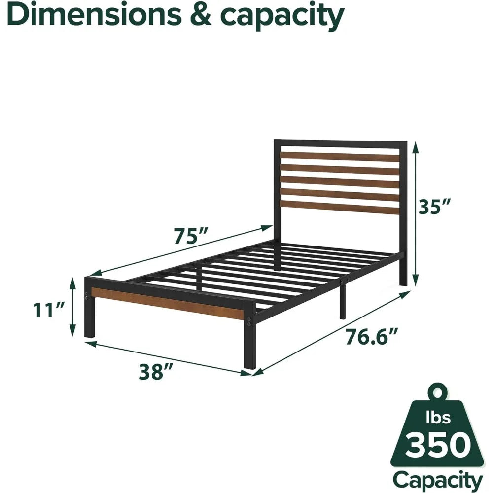 Bamboo and Metal Platform Bed Frame with Headboard / No Box Spring Needed / Easy Assembly, Twin Beds