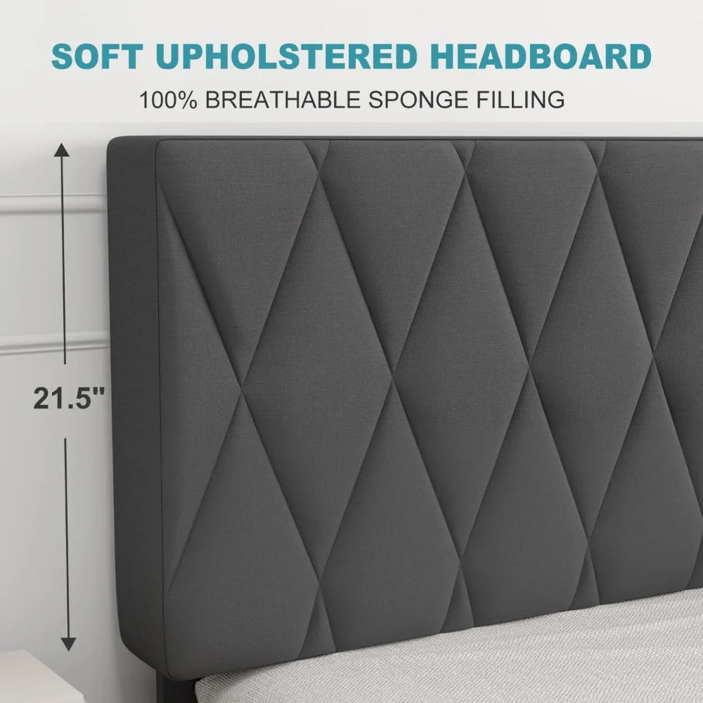 Twin Bed Frame Upholstered Platform with Headboard and Strong Wooden Slats, Strong Weight Capacity, Non-Slip and Noise-Free