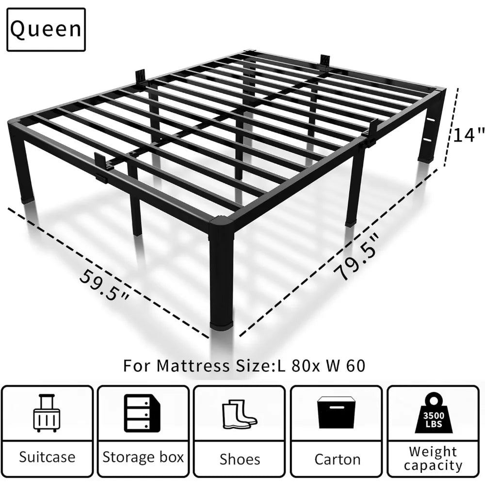 Beds 14 inch Metal Queen Bed Frame with Rounded Corner and Headboard Hole Mattress Retainers 3500LBS Steel Slats No Box Spring
