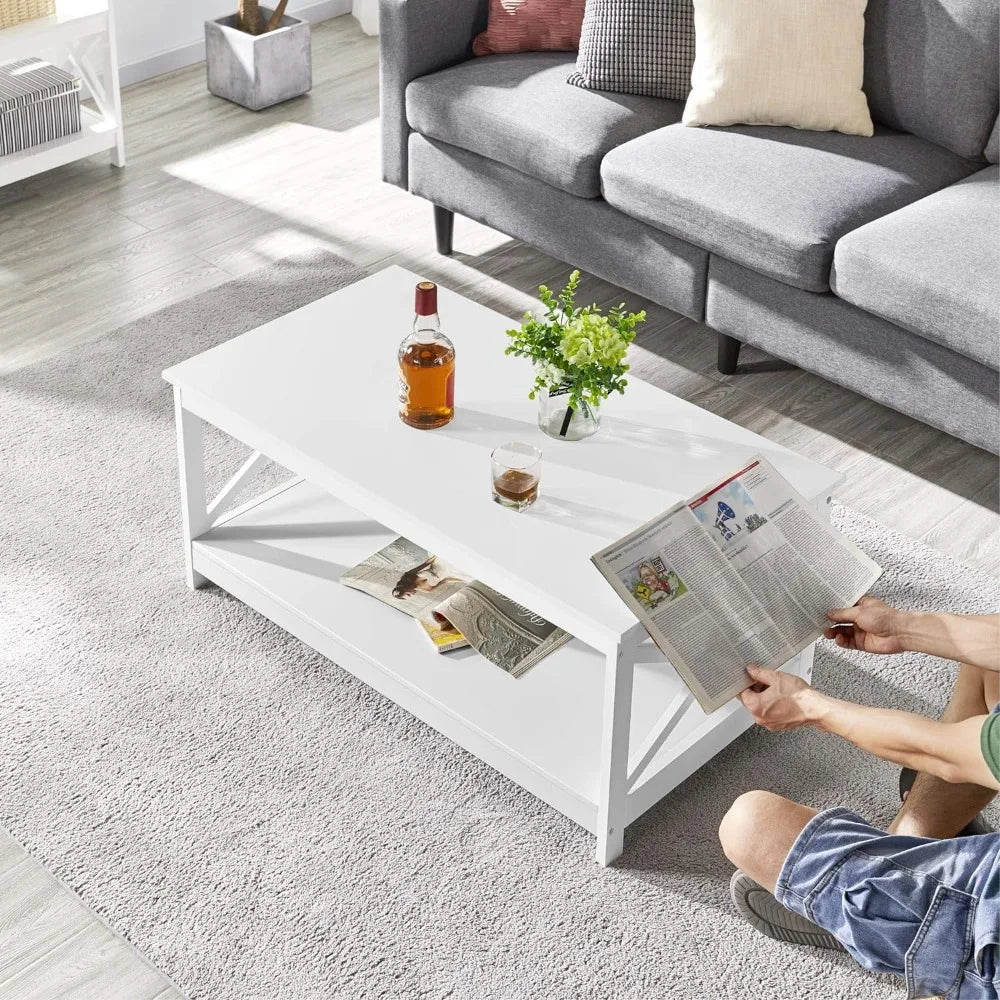 Yaheetech Wood 2-Tier White Coffee Table with Storage Shelf for Living Room, X Design Accent Cocktail Table, Simple Design