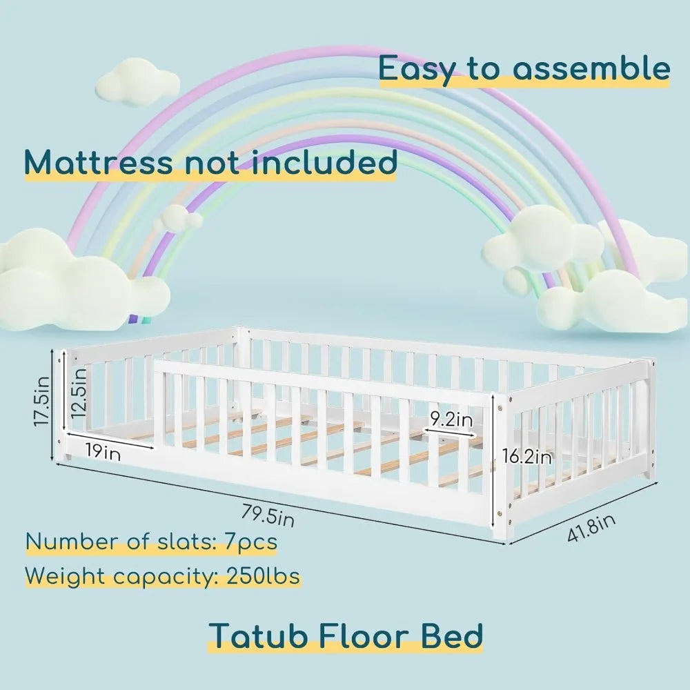 Twin Size Floor Bed for Kids with Safety Guardrails and Door and Slats, Montessori Bed Frame for Kids