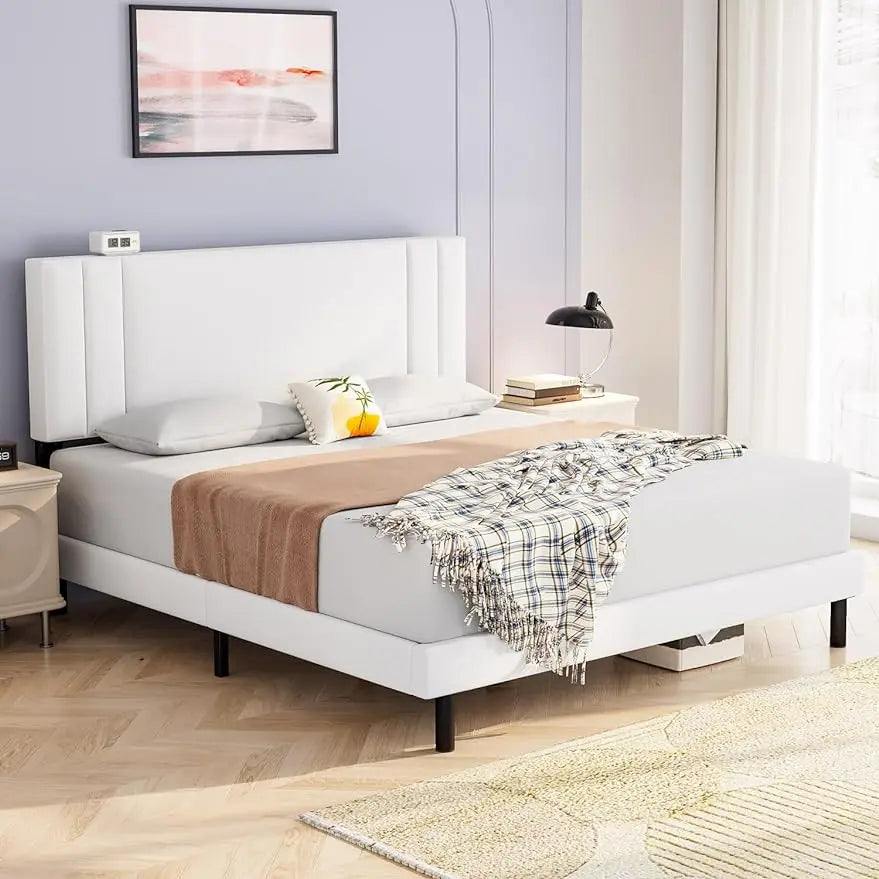 King Bed Frame with Headboard, Upholstered Platform Bed Frame, No Box Spring Needed, Non-Slip and Noise-Free, Off-White.