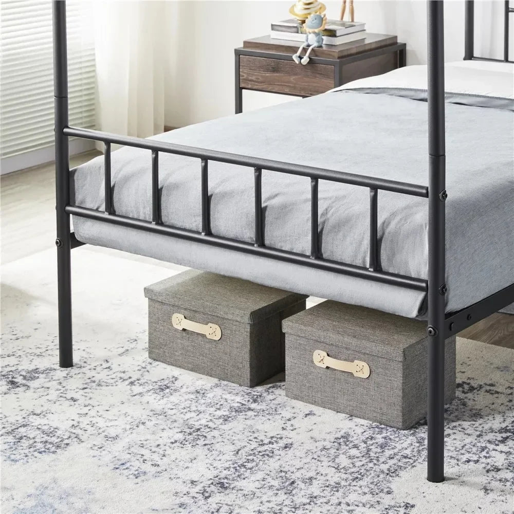 Juno Metal Canopy Frame Four Poster Bed with Headboard and Footboard, Black, Twin