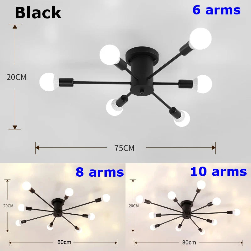 Retro Iron Ceiling Lights Black/White 6/8/10 Sockets Lamp Vintage Spider Chandelier Lighting Fixture for Living Room