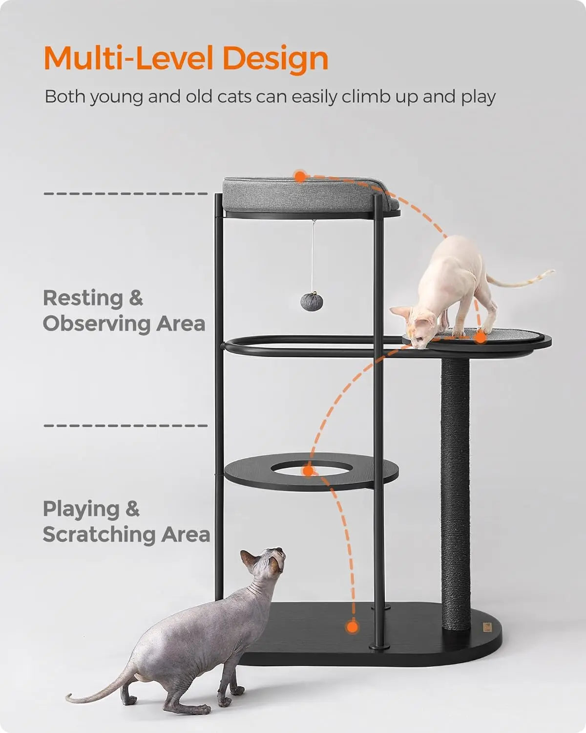 Feandrea Modern Cat Tree, Heavy Duty Cat Tower, Steel Tube and Particleboard, Platform with Cushion, Sisal Cat Scratching Post,