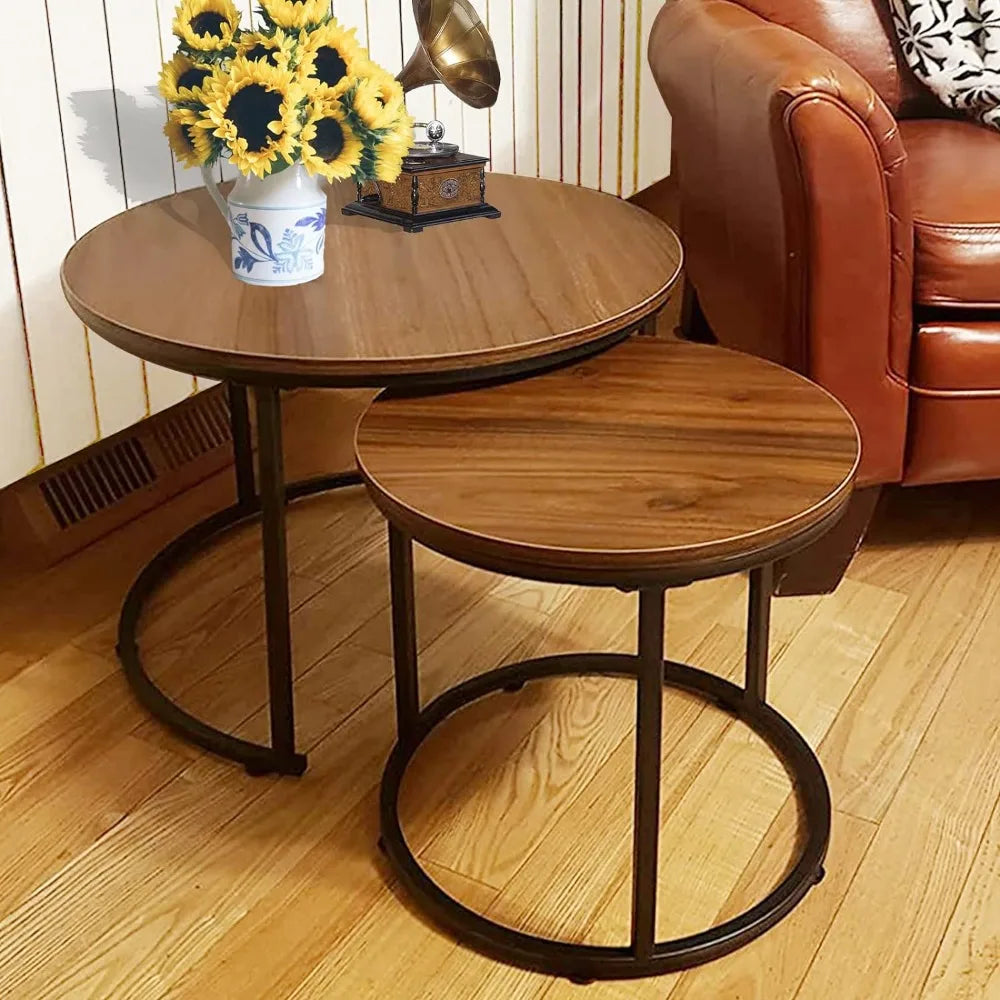 Coffee Table Nesting Set of 2 Round End Table Accent Side Stacking Tables with Sturdy Metal Frame,Modern Living Room Table