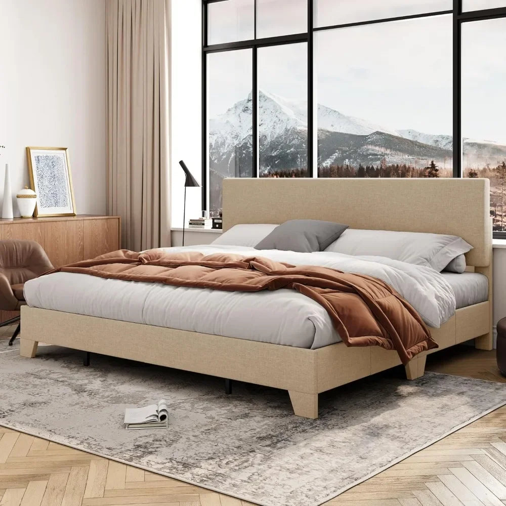 King Size Bed Frame With Adjustable Headboard, Upholstered Platform Bed With Wood Slats, Heavy Duty Mattress, Beige Bed Frame