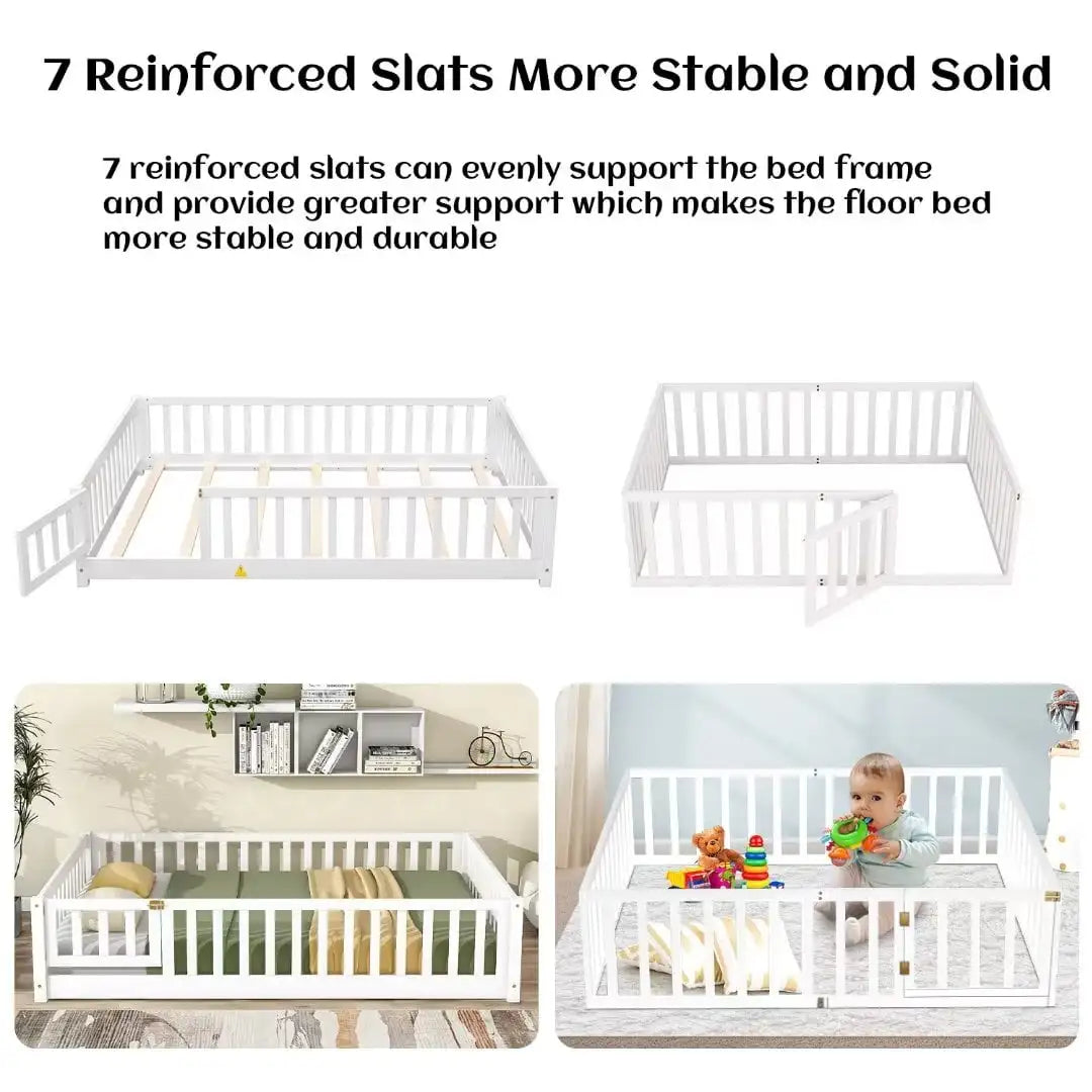 Full Floor Bed Frame for Kids, Montessori Floor Bed with Fence and Wood Slats, Low Wood Platform Beds for Girls Boys Kids, White
