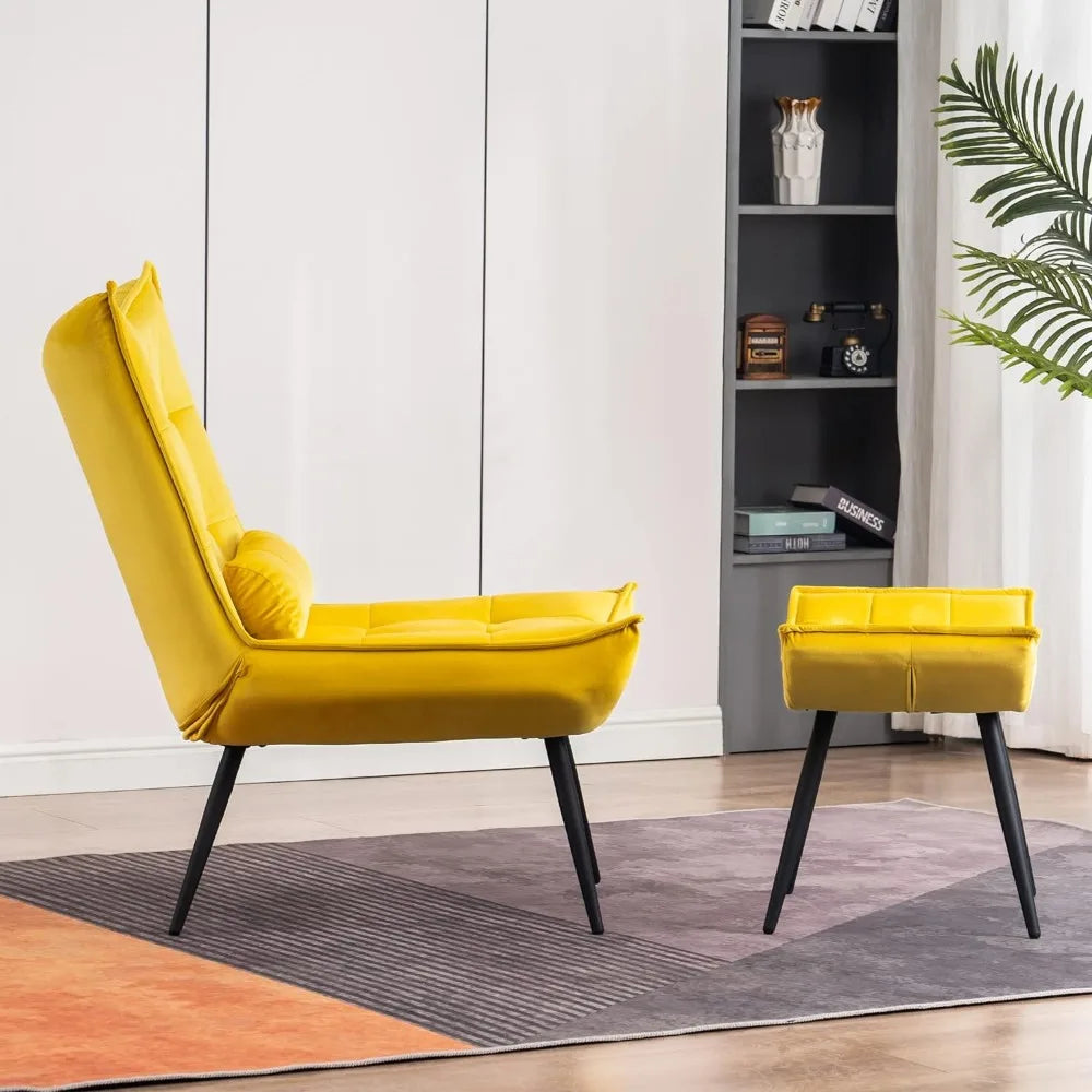 MCombo Accent Chair with Ottoman, Upholstered Leisure Chairs with Metal Legs for Bedroom Living Room (Yellow)