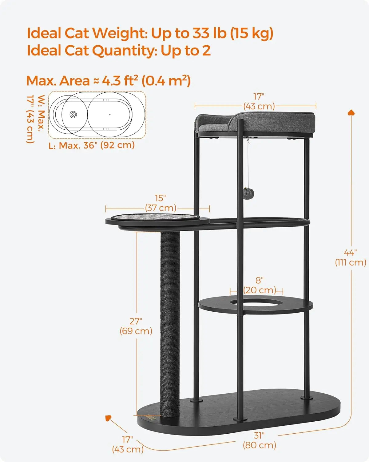 Feandrea Modern Cat Tree, Heavy Duty Cat Tower, Steel Tube and Particleboard, Platform with Cushion, Sisal Cat Scratching Post,