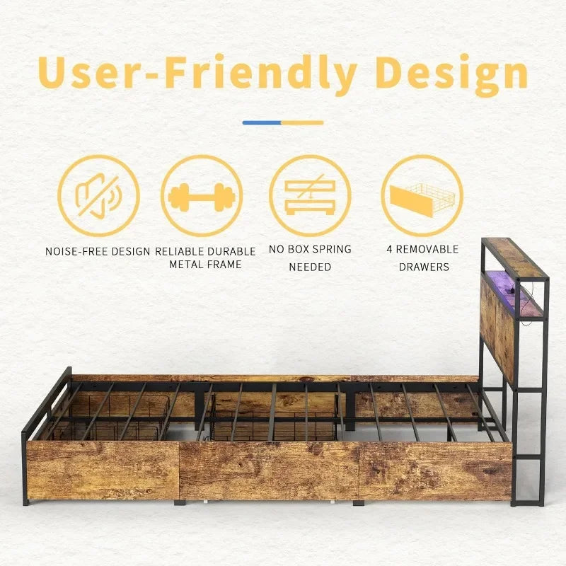 HAUSOURCE Queen Bed Frame with Storage Headboard 4 Drawers LED Lights Metal Platform Non-Slip Without Noise Mattress Foundation