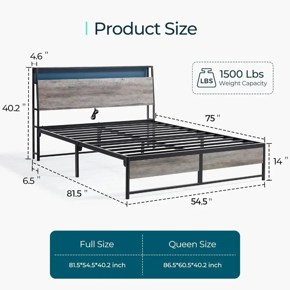 Queen Bed Frame with Ergonomic Headboard, Platform Metal Bed Frame with RGB Lights, Outlets & Charger