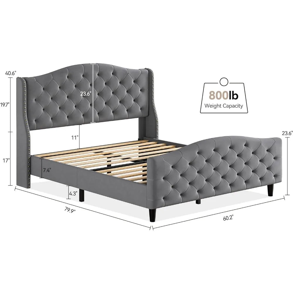 Bed frame, with tufted wing back headboard and footboard, padded table bed, velvet king size bed frame