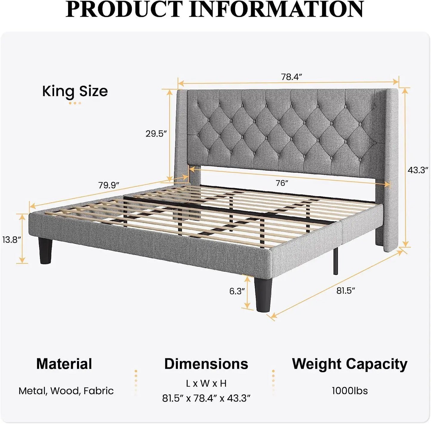 King/Queen/Full Size Platform Bed Frame with Upholstered Headboard & Comfortable Wingback,Modern Bed for Adults youth bedroom
