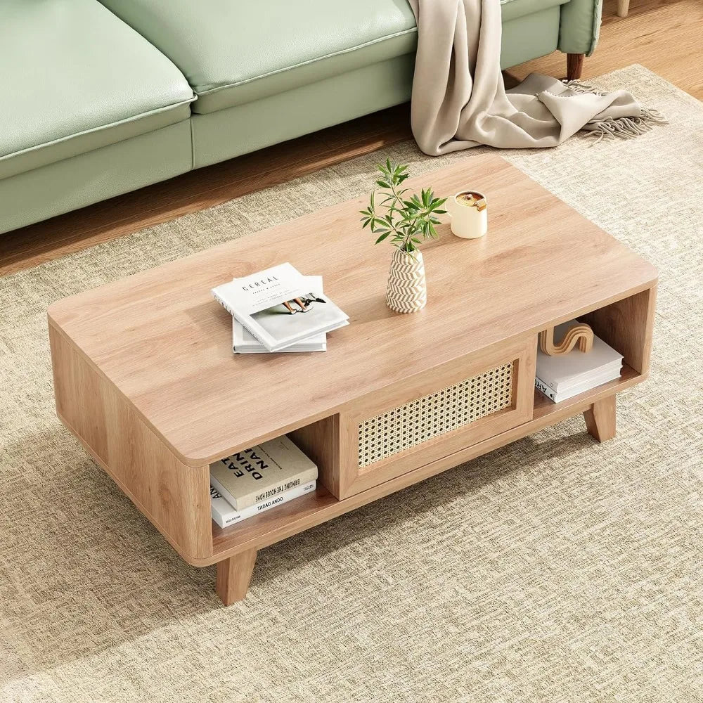 Coffee Table,Mid Century Living Room Tables with Storage,Modern Square Coffee Table with Rattan Drawer, Wooden Living Room Table