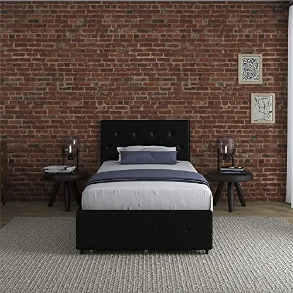 DHP Dakota Upholstered Platform Bed with Underbed Storage Drawers and Diamond Button Tufted Headboard and Footboard, Bed Frame