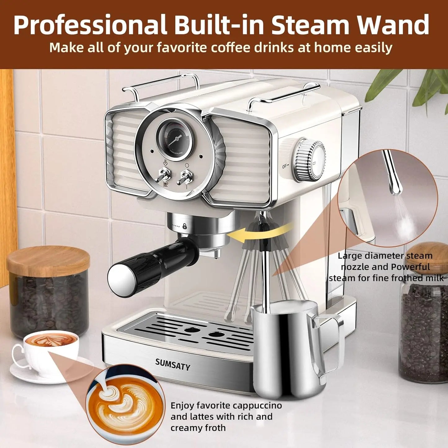 Espresso Coffee Machine 20 Bar, Retro Espresso Maker with Milk Frother Steamer Wand for Cappuccino, Latte, Macchiato, 1.8L Remov