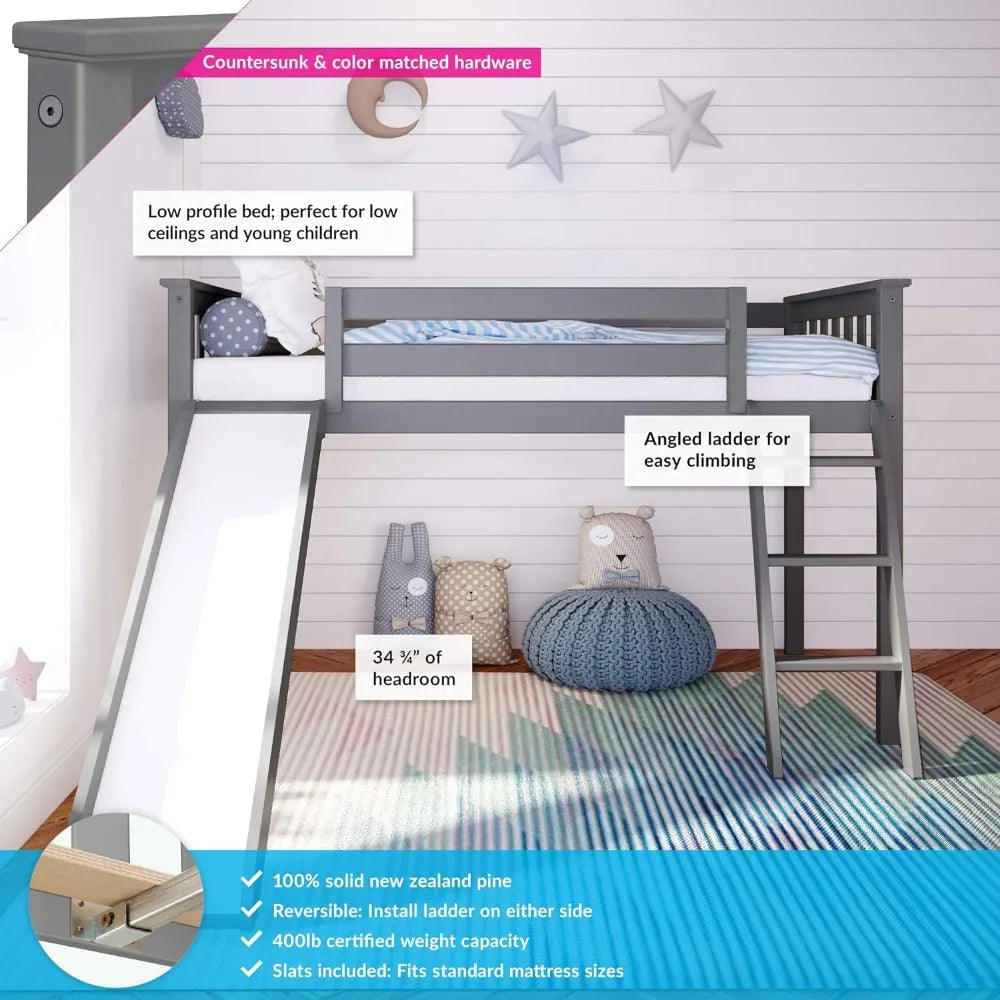 Twin Bed Frame For Kids With Slide Low Loft Bed Grey Children's Furniture