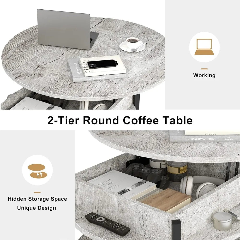 FABATO Round Lift Top Coffee Table Circle Coffee Table with Storage for Living Room Reception Tier Large Round Dining Table