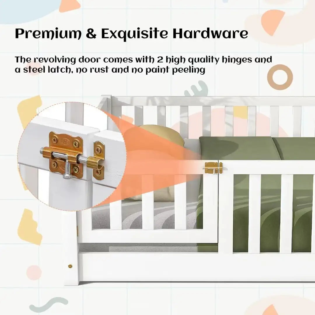 Full Floor Bed Frame for Kids, Montessori Floor Bed with Fence and Wood Slats, Low Wood Platform Beds for Girls Boys Kids, White