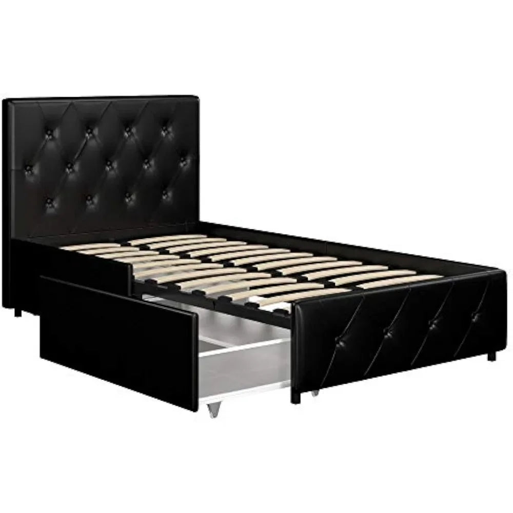 DHP Dakota Upholstered Platform Bed with Underbed Storage Drawers and Diamond Button Tufted Headboard and Footboard, Bed Frame