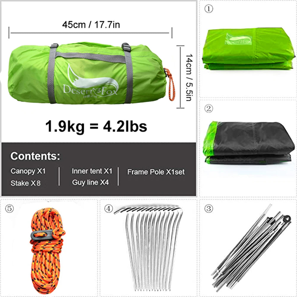 Desert&Fox 2 Person Tent Lightweight 3 Season Backpacking Tents for Couple Family Hiking Camping Aluminum Pole Waterproof Tent