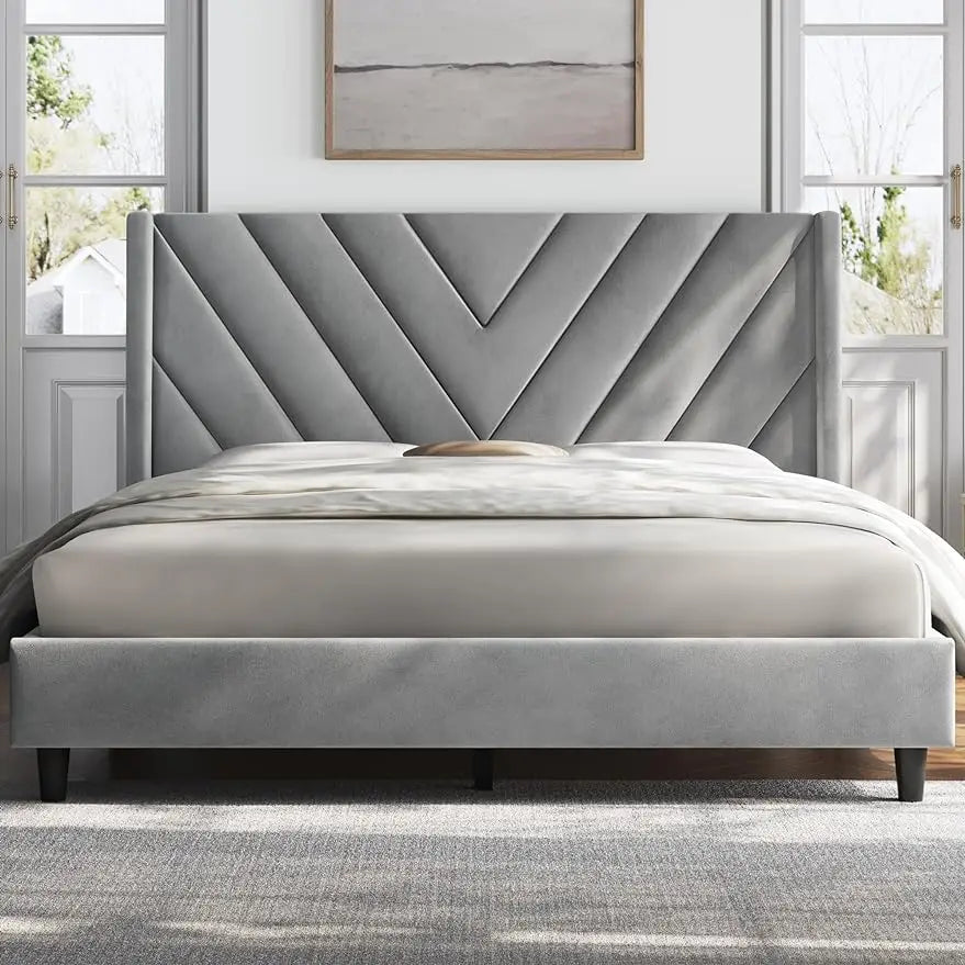 Full/Queen Upholstered Platform Bed Frame,Wing Side Tufted Headboard,Sturdy Wooden Slat Support,Mattress Foundation,Light Gray