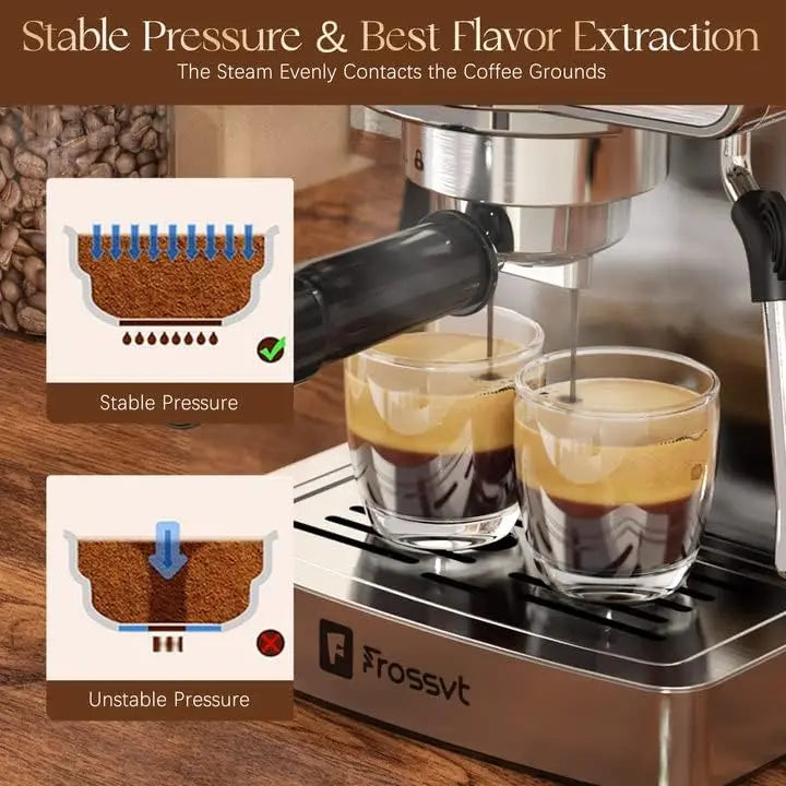 Espresso Machine, 20 Bar Espresso Maker with Milk Frother Steam Wand for Latte and Cappuccino, Stainless Steel Coffee machines