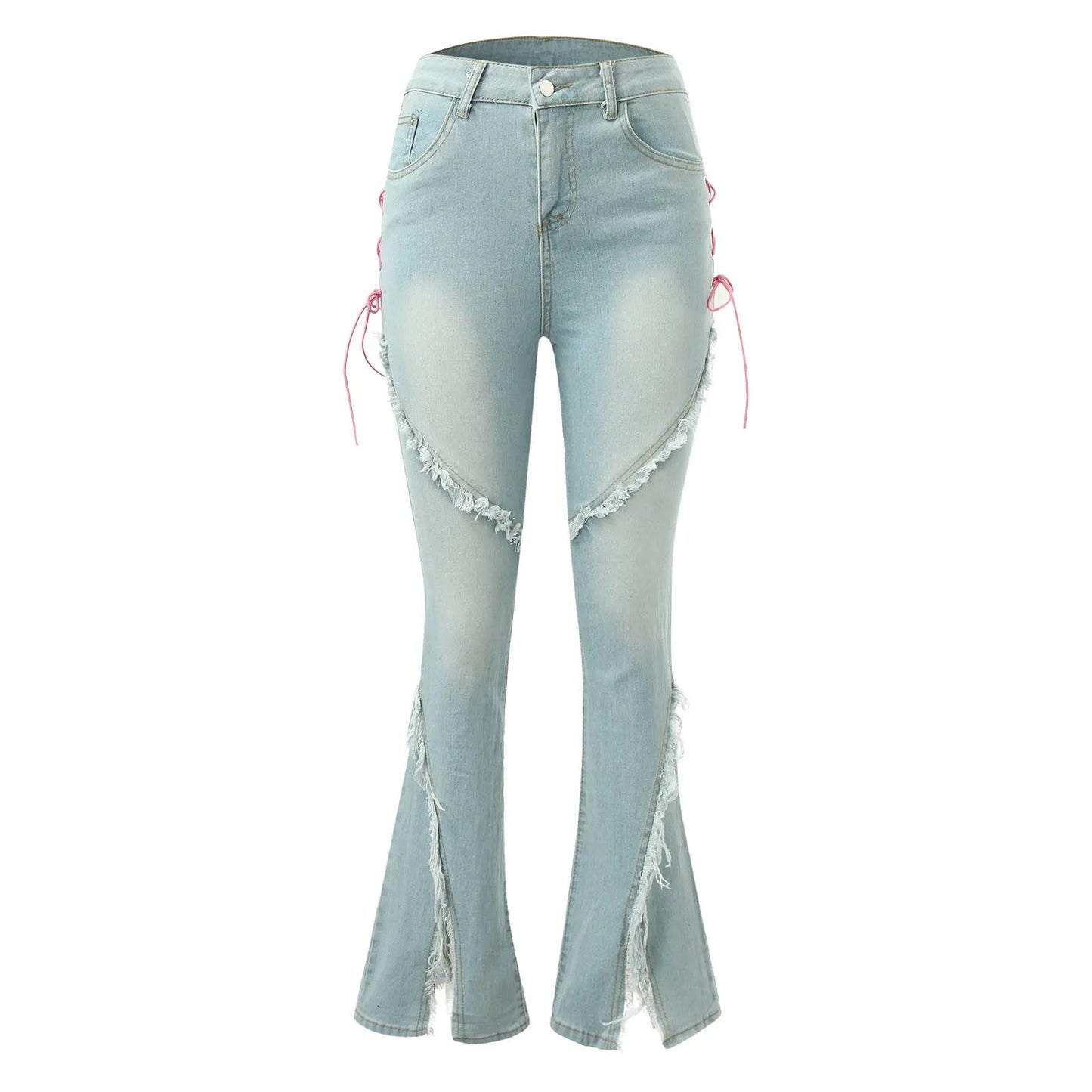 Women Flared Jeans Retro Ripped Fringe Split Y2K Denim Pants Clothes Korean Streetwear Fashion High Waist Boot Cut Jeans Trouser