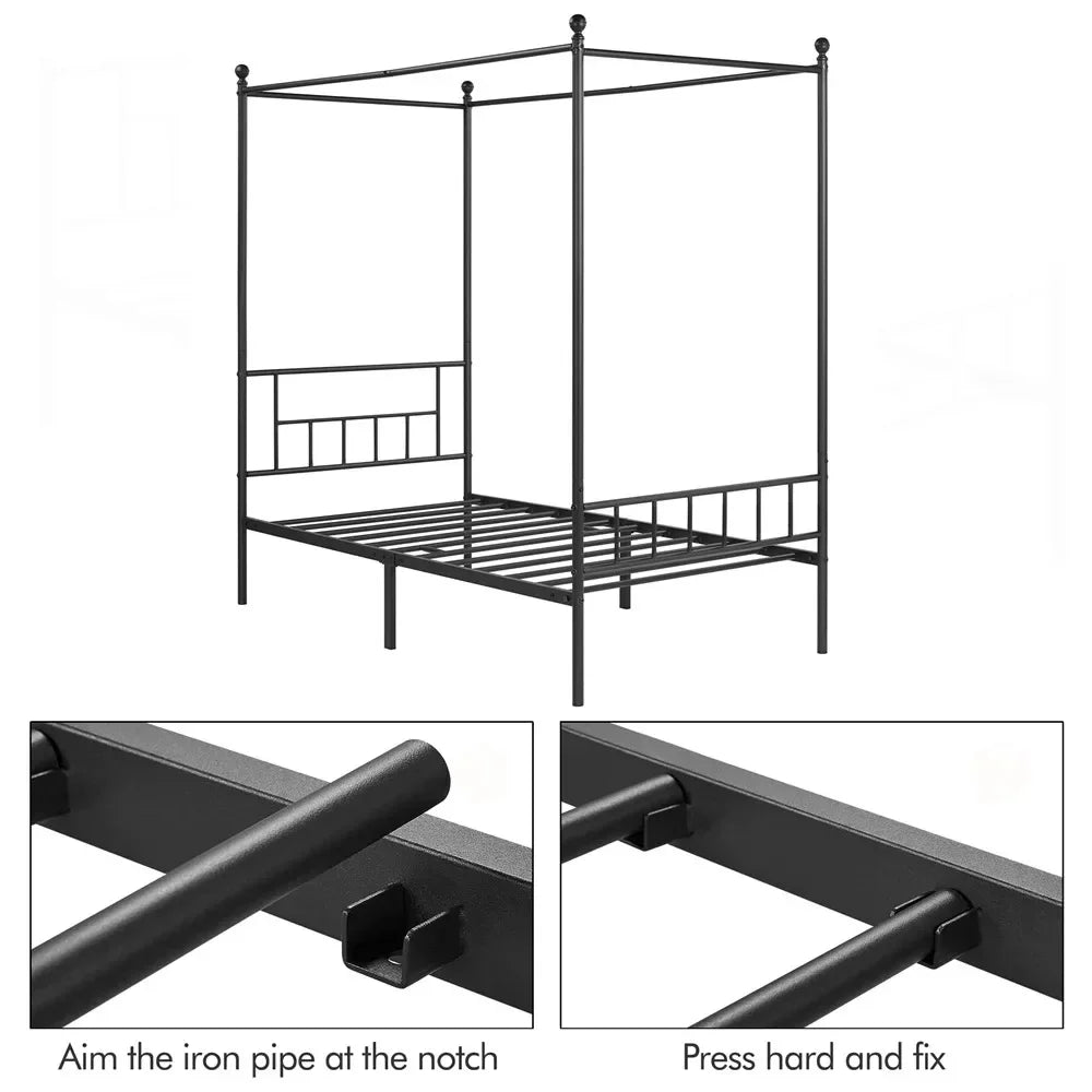 Juno Metal Canopy Frame Four Poster Bed with Headboard and Footboard, Black, Twin