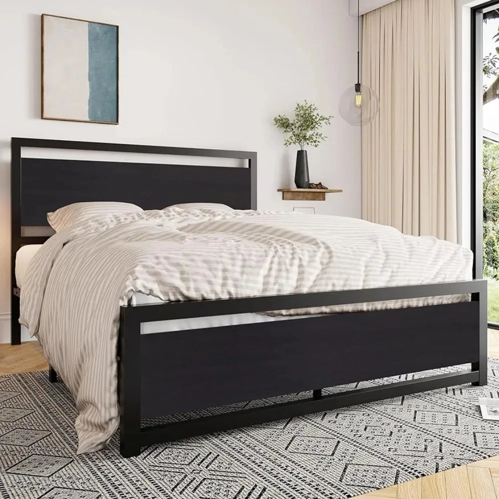 Bedroom furniture full bed frame with headboard, heavy metal platform bed frame, under bed storage, no box spring required,black