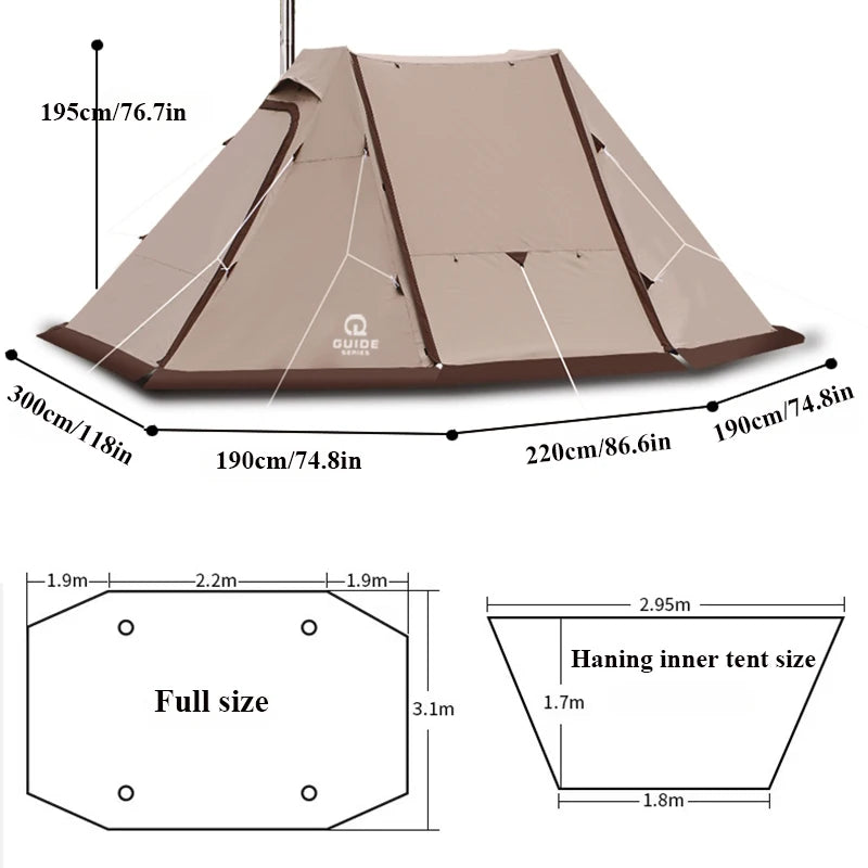 Double Peak Shelter Tent with Chimney Hole, Outdoor Camping, Large Size, Sun Protection, Waterproof Family Canopy, Glamping 300D