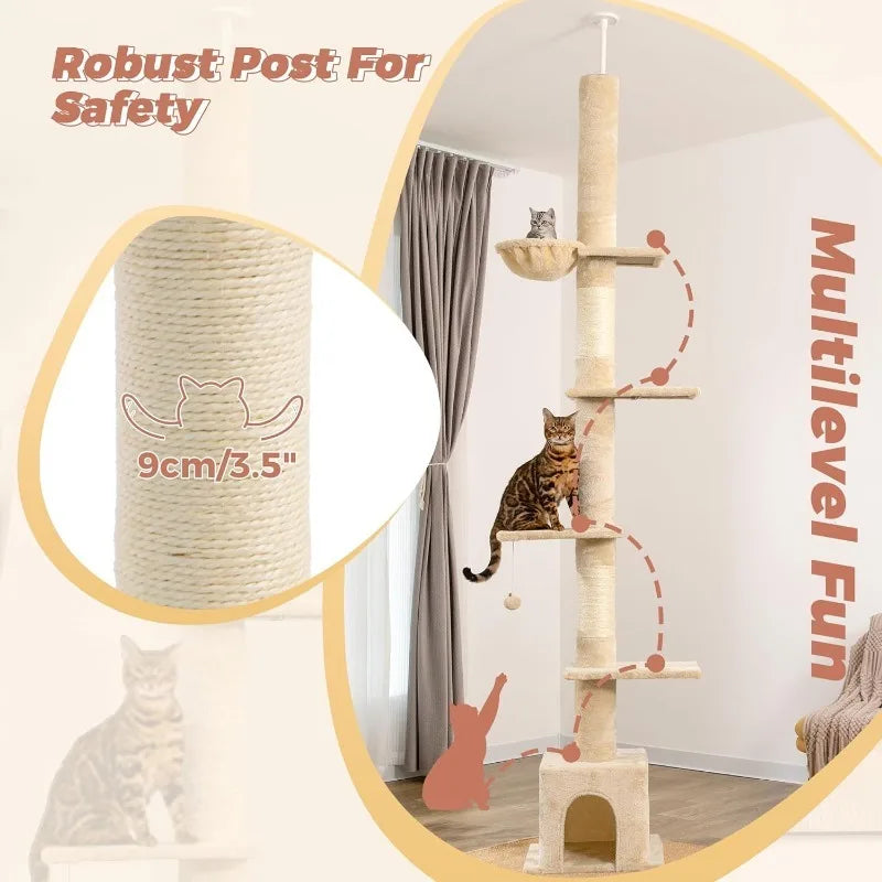 Floor to Ceiling Cat Tree Ajustable Height 6 Tiers Cat Tower Fit for Feet Ceiling with Cat Condo Hammock and Sisal Covered Post