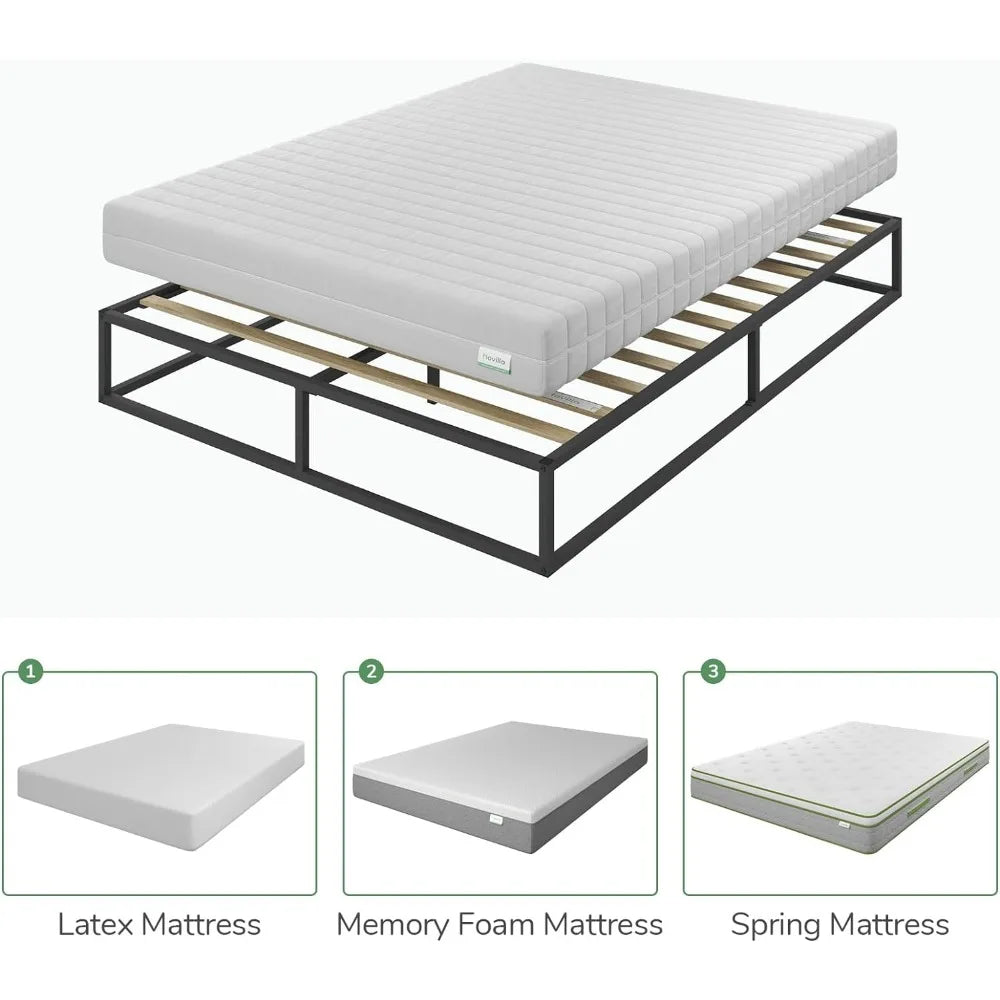 Queen Size Bed Frame, Wood Slat Support, No Box Spring Needed, Easy Assembly, Black, Queen Beds
