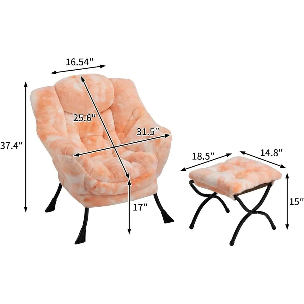 HollyHOME Faux-Fur Lazy Chair with Foldable Ottoman, Accent Comfy Lounge Arm Chair and Folding Footrest Stool Set