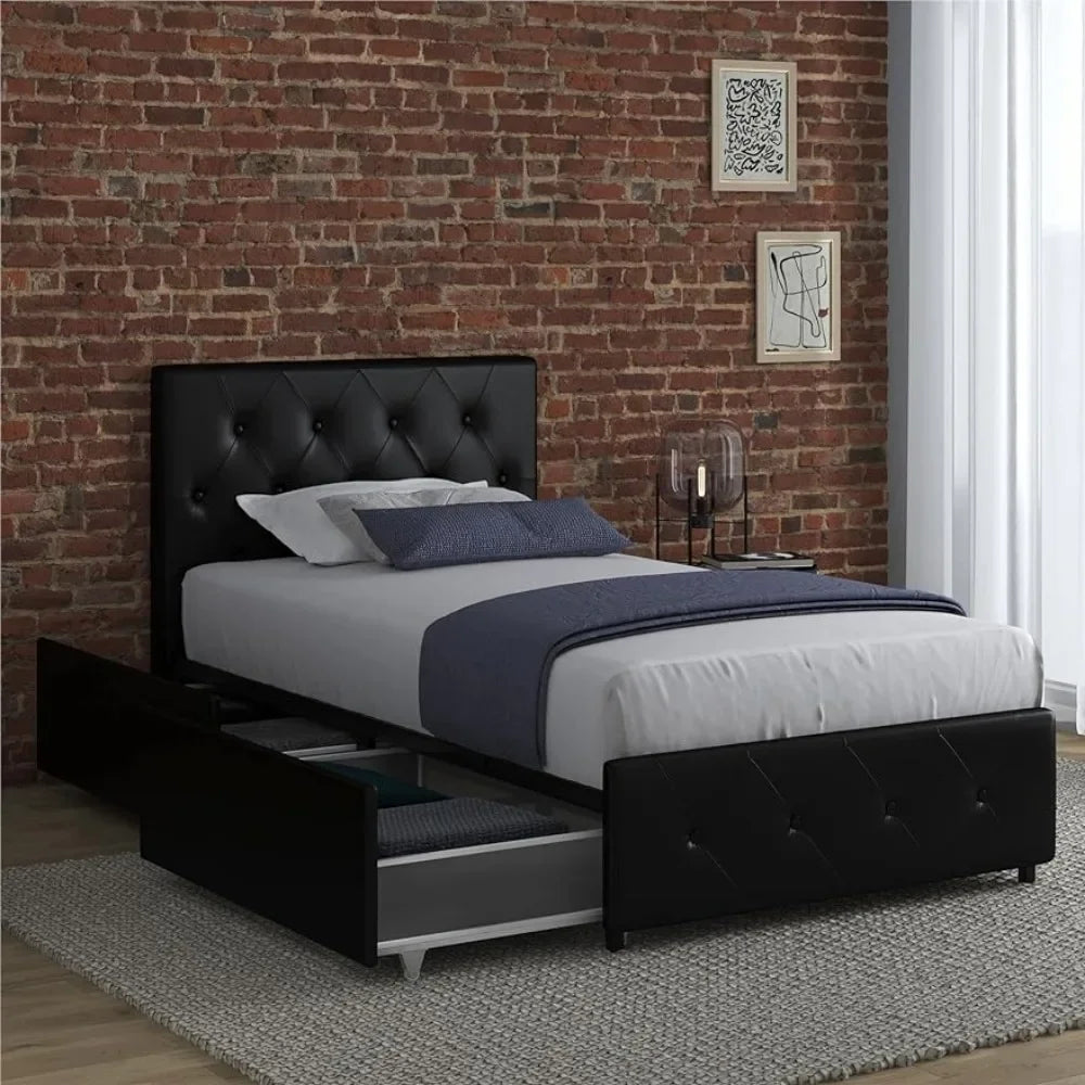 DHP Dakota Upholstered Platform Bed with Underbed Storage Drawers and Diamond Button Tufted Headboard and Footboard, Bed Frame