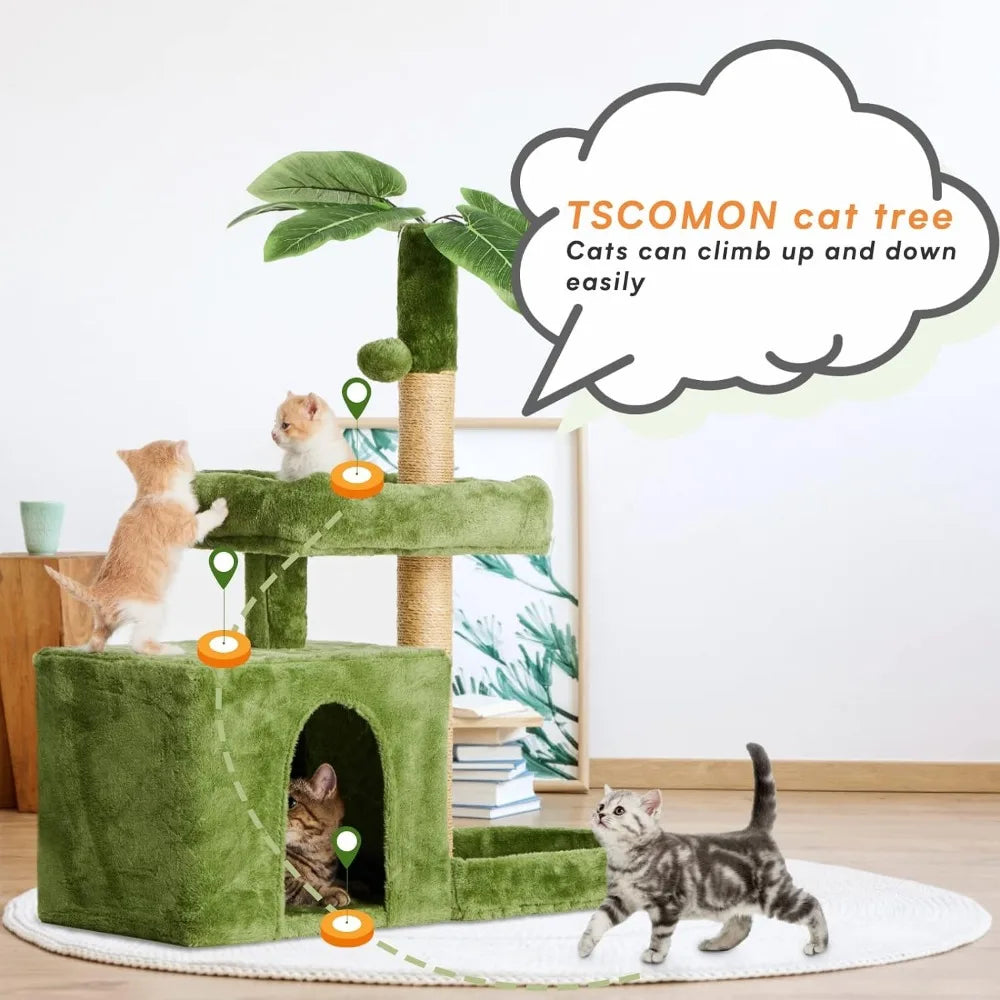 TSCOMON 31.5" Cat Tree / Tower for Indoor Cats with Green Leaves, Cat Condo Cozy Plush Cat House with Hang Ball and Leaf Shape