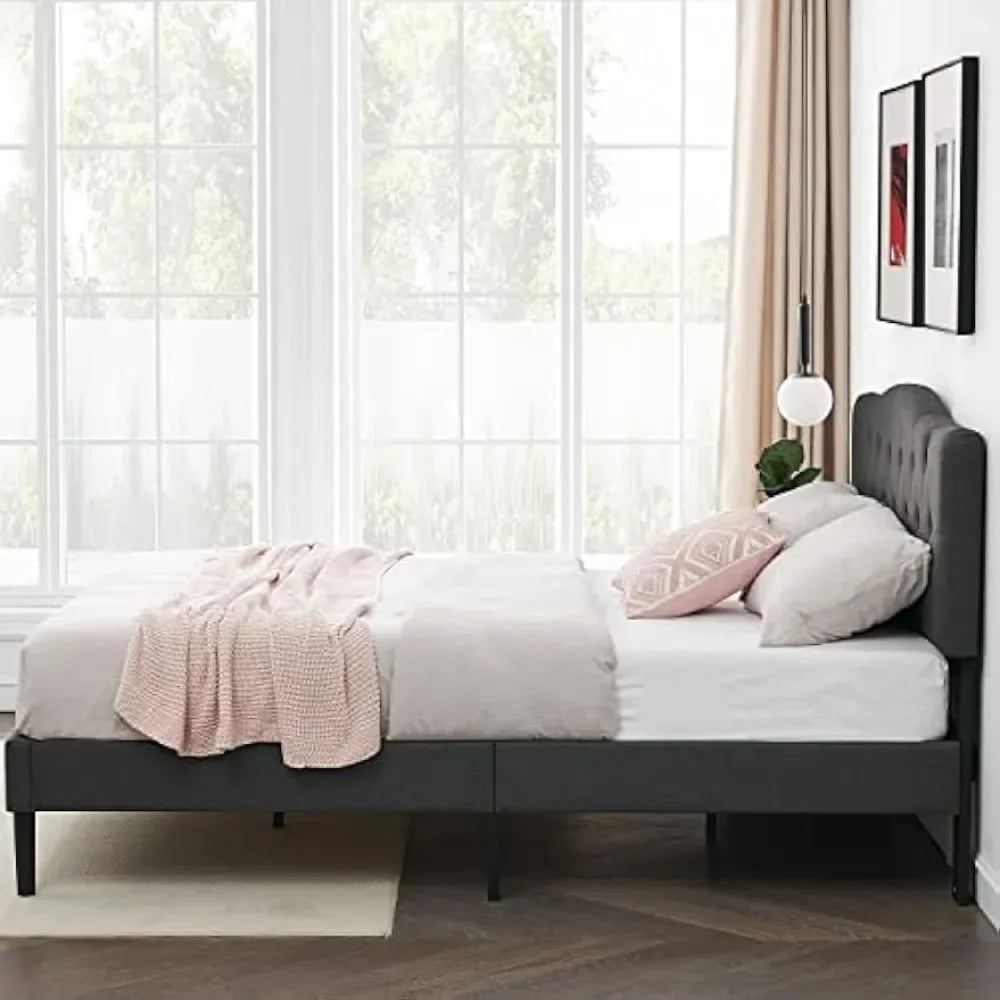 VECELO Bed Frame Upholstered Platform with Tufted Adjustable Headboard/Mattress Foundation with Wood Slat Support, Easy Assembly