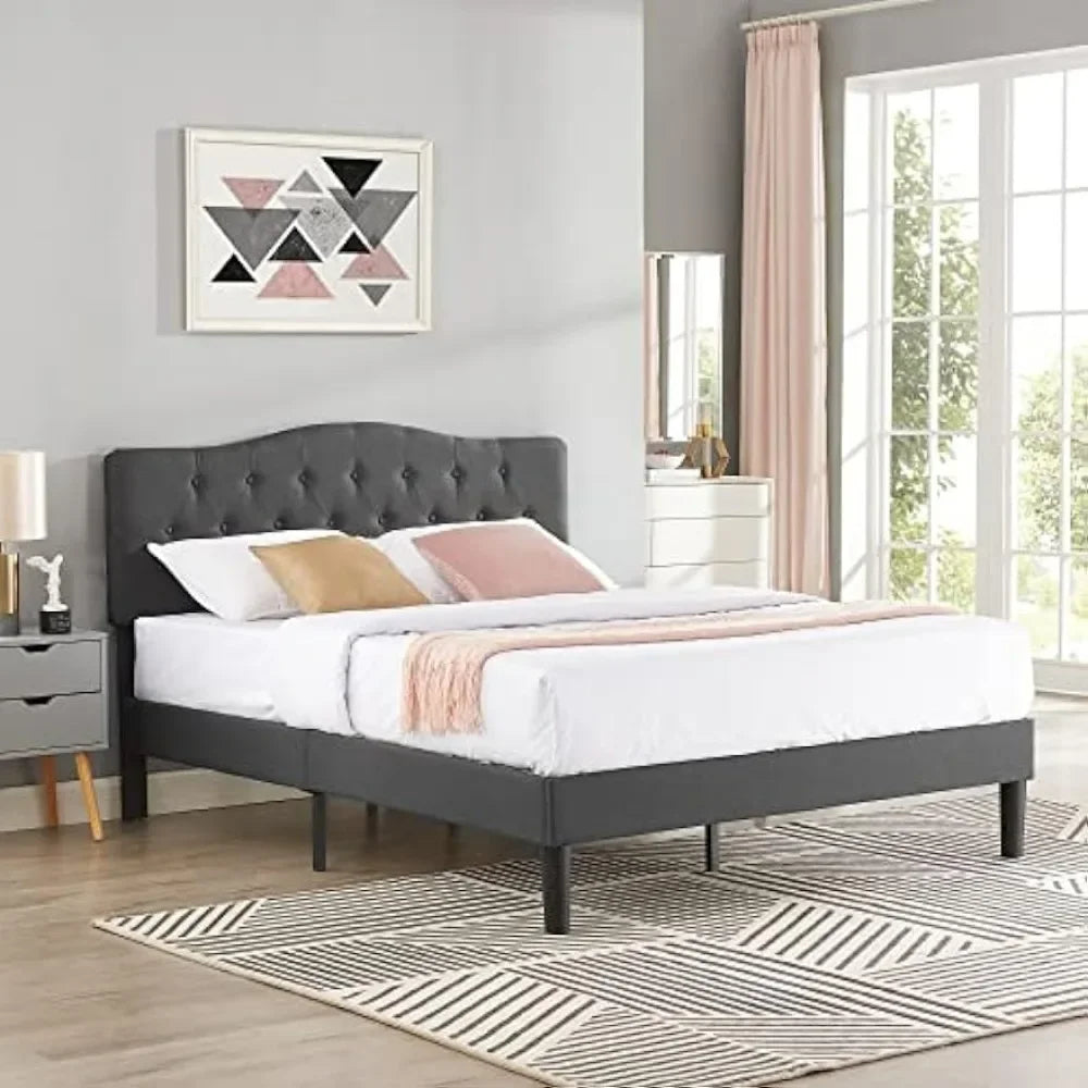 VECELO Bed Frame Upholstered Platform with Tufted Adjustable Headboard/Mattress Foundation with Wood Slat Support, Easy Assembly