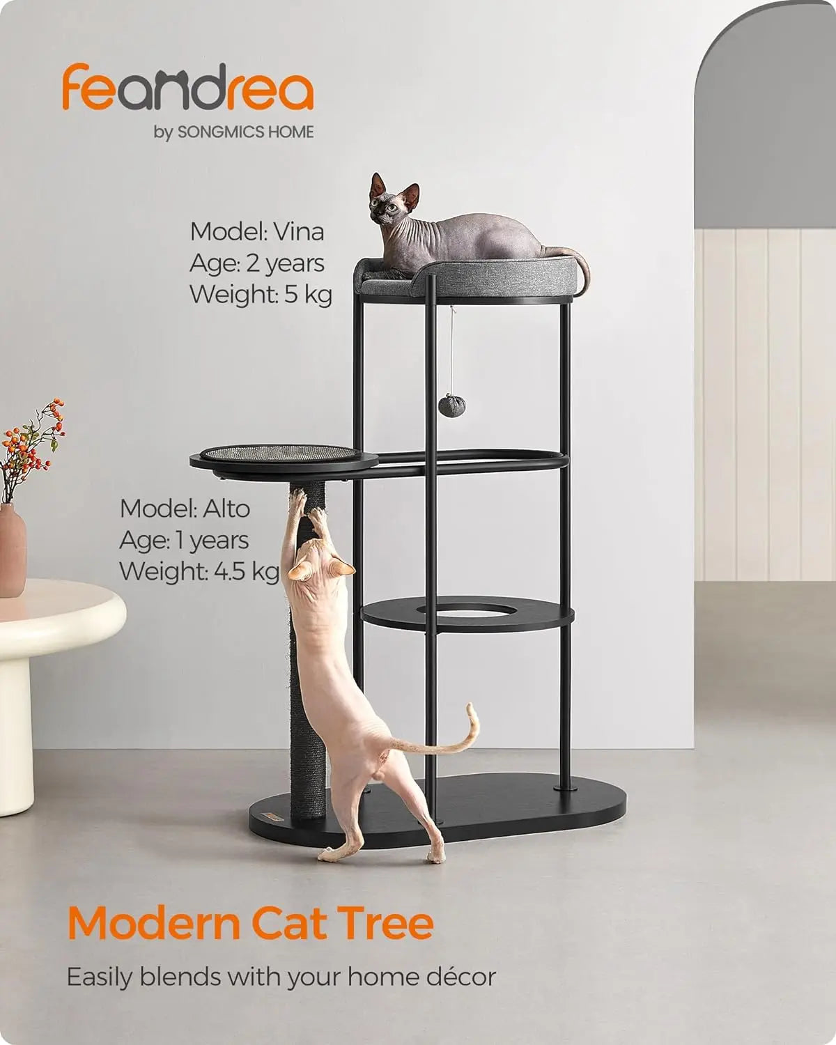 Feandrea Modern Cat Tree, Heavy Duty Cat Tower, Steel Tube and Particleboard, Platform with Cushion, Sisal Cat Scratching Post,