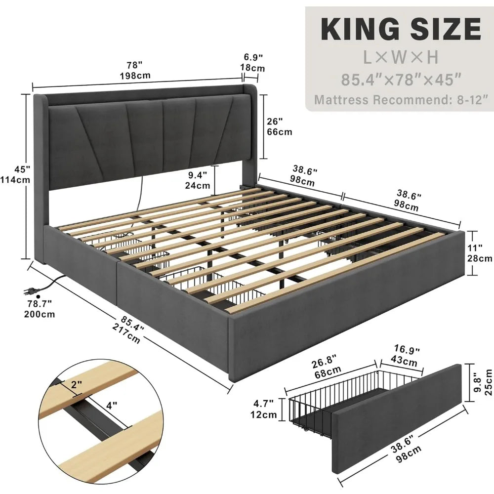 King Size Bed Frame and Upholstered Headboard, Sturdy, Noiseless, Easy Assembly, Platform Bed with Storage Drawers and Outlets