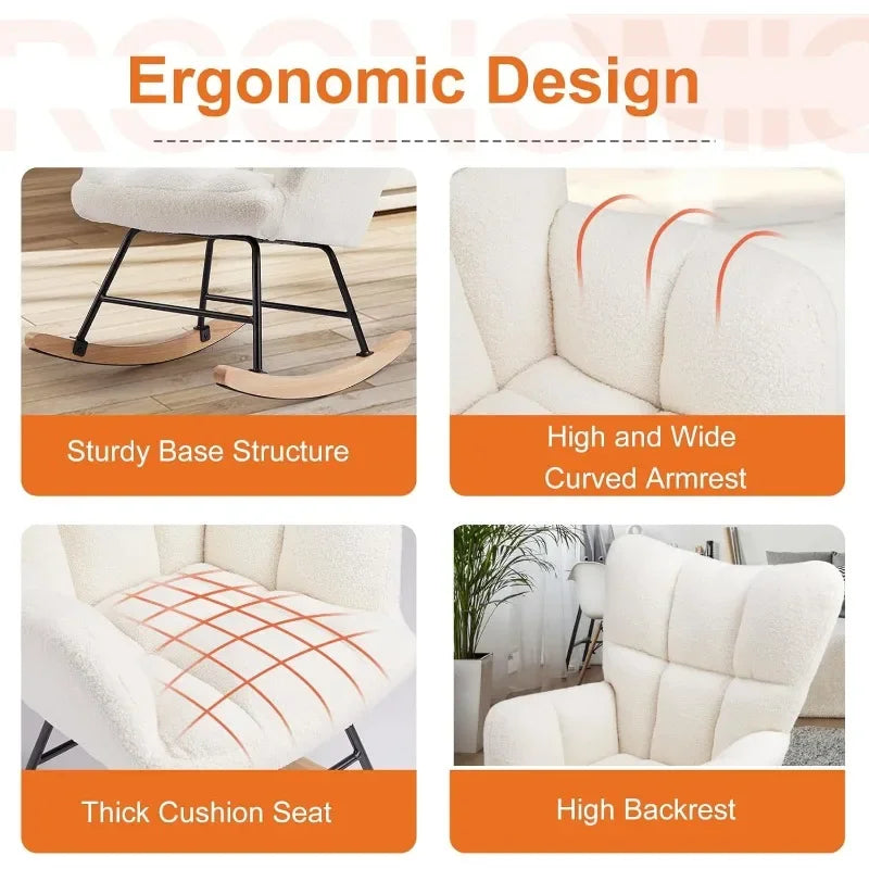 Sweetcrispy Rocking Chair Nursery Teddy Upholstered Glider Rocker with High Backrest, Reading Chair Modern Rocking Accent Chairs