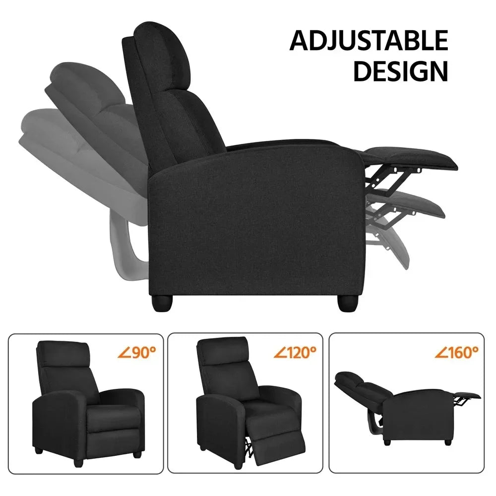 Fabric Push Back Theater Recliner Chair with Footrest, Black