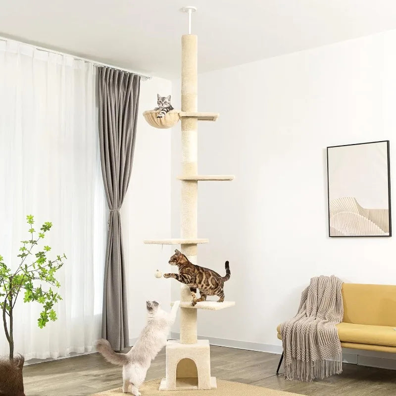 Floor to Ceiling Cat Tree Ajustable Height 6 Tiers Cat Tower Fit for Feet Ceiling with Cat Condo Hammock and Sisal Covered Post