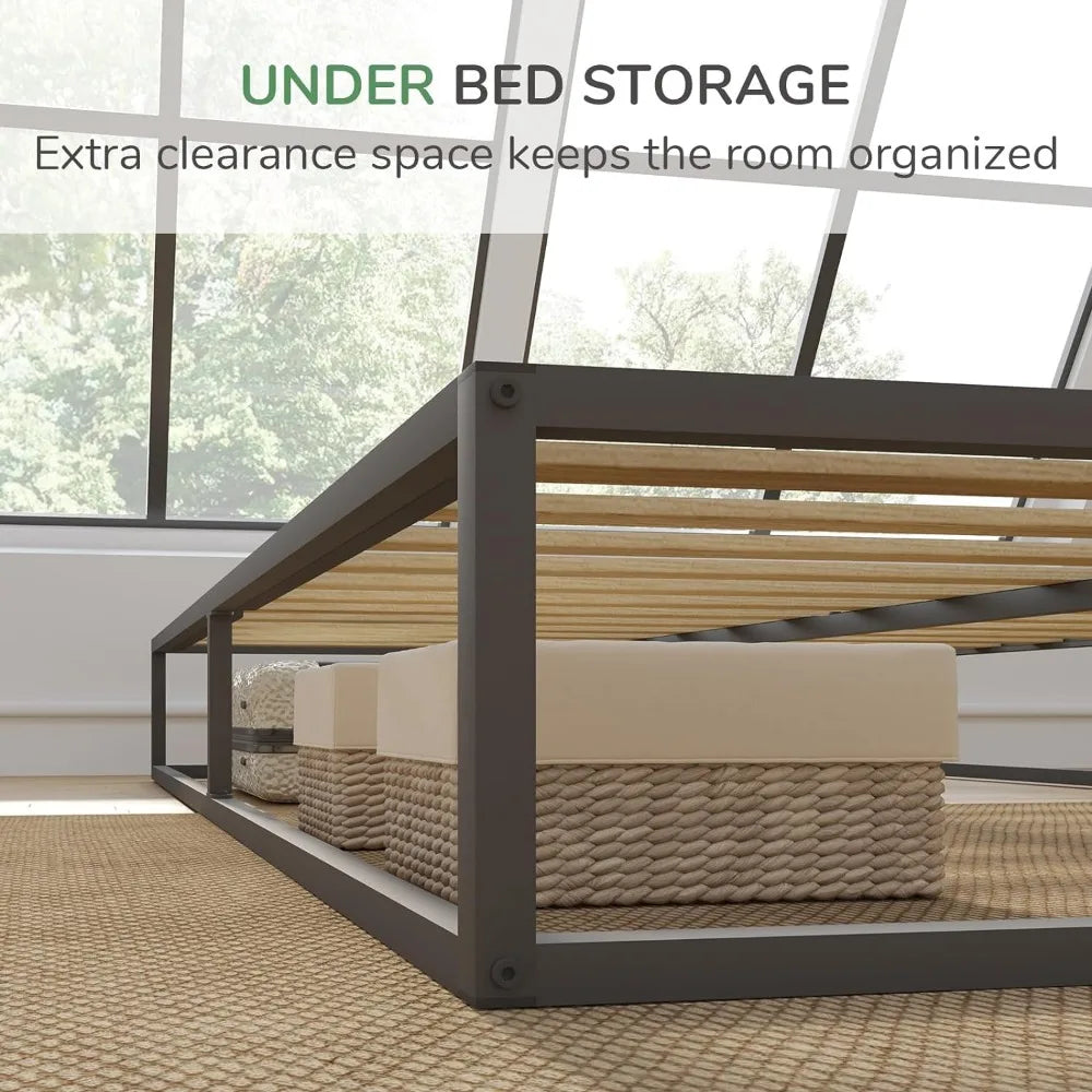 Queen Size Bed Frame, Wood Slat Support, No Box Spring Needed, Easy Assembly, Black, Queen Beds